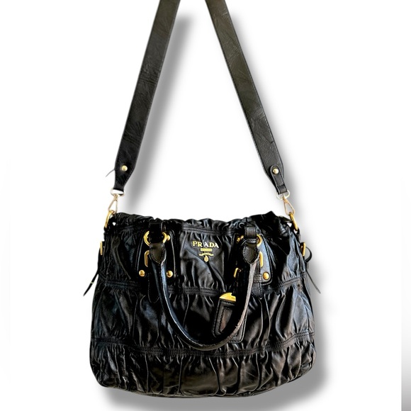 PRADA Ruched Gaufre Leather Top Handle Bag Crossbody Handbag Buttery Soft - Picture 4 of 17